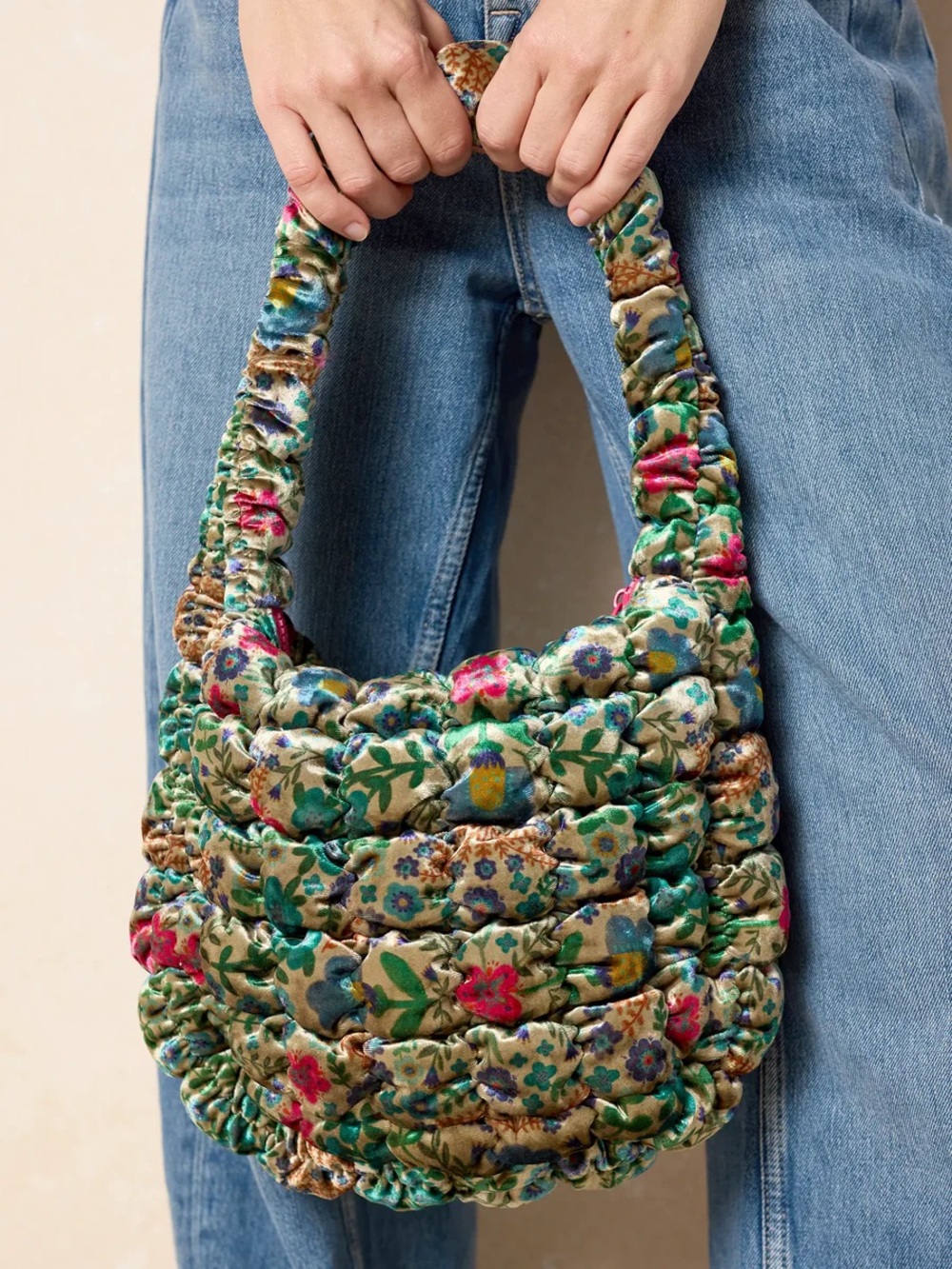 Natural Life Small Quilted Floral Green Multi-Color Shoulder Bag